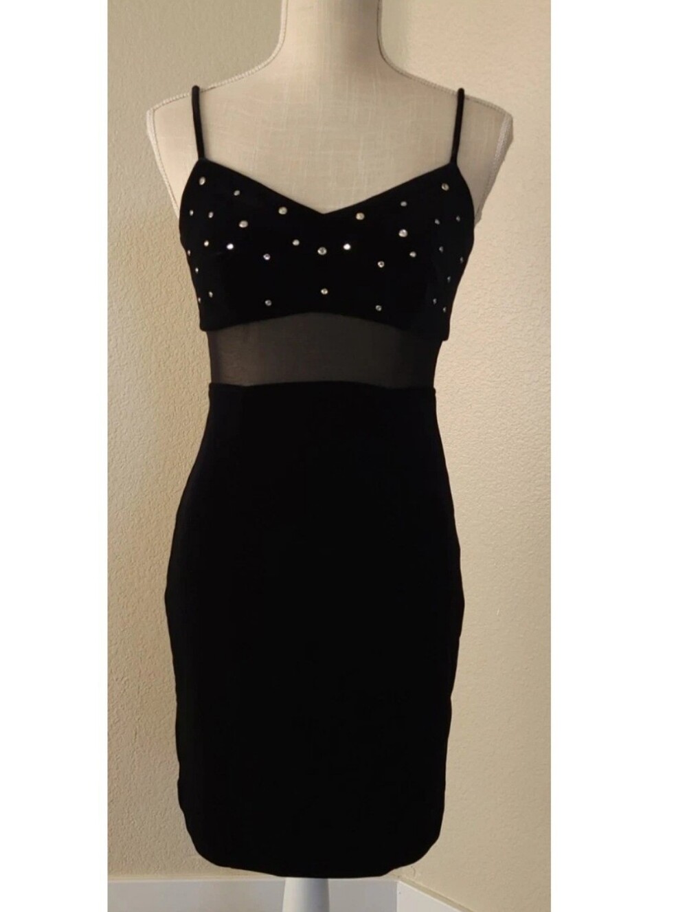 Vintage 90s Frederick's of Hollywood Black Velvet Rhinestone Mesh Cutout Xs